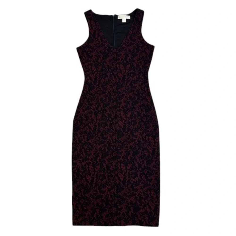 Michael Kors‎ Bodycon Dress Sleeveless V-Neck Burgundy Black Pattern Lace Size 2